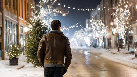 Decorating a Christmas tree with stylish ribbon and ornaments. A close-up of a man in a cozy sweater hanging a modern velvet ornament on a branch. A cozy winter holiday tradition, a family pastimeの素材
