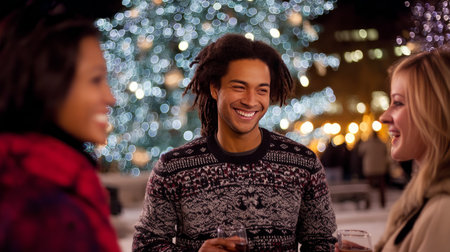 Decorating a Christmas tree with stylish ribbon and ornaments. A close-up of a man in a cozy sweater hanging a modern velvet ornament on a branch. A cozy winter holiday tradition, a family pastimeの素材