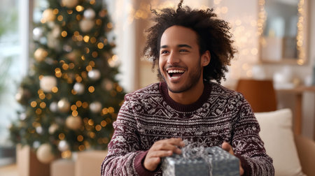 Decorating a Christmas tree with stylish ribbon and ornaments. A close-up of a man in a cozy sweater hanging a modern velvet ornament on a branch. A cozy winter holiday tradition, a family pastimeの素材