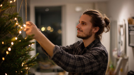 Decorating a Christmas tree with stylish ribbon and ornaments. A close-up of a man in a cozy sweater hanging a modern velvet ornament on a branch. A cozy winter holiday tradition, a family pastimeの素材