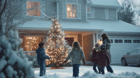 An excited young family is making a Christmas tree at home, preparing for Christmas Eve. A cozy winter holiday tradition, a family time together. A festive New Year's mood in anticipation of a miracleの素材