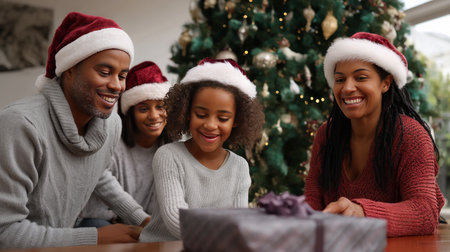 An excited young family is making a Christmas tree at home, preparing for Christmas Eve. A cozy winter holiday tradition, a family time together. A festive New Year's mood in anticipation of a miracleの素材