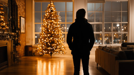 Loneliness during christmas holidays with copy space, holiday contrast, aging, and emotional storytelling.の素材