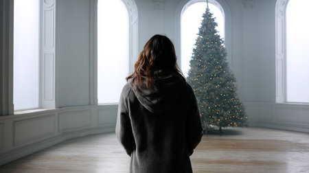 Loneliness during christmas holidays with copy space, holiday contrast, aging, and emotional storytelling.の素材