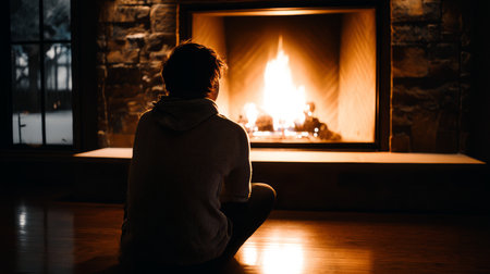 Loneliness during christmas holidays with copy space, holiday contrast, aging, and emotional storytelling.の素材