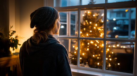 Loneliness during christmas holidays with copy space, holiday contrast, aging, and emotional storytelling.の素材