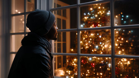 Loneliness during christmas holidays with copy space, holiday contrast, aging, and emotional storytelling.の素材