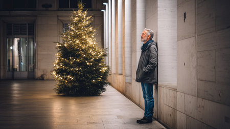 Loneliness during christmas holidays with copy space, holiday contrast, aging, and emotional storytelling.の素材