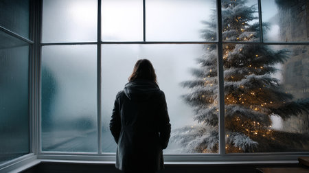 Loneliness during christmas holidays with copy space, holiday contrast, aging, and emotional storytelling.の素材