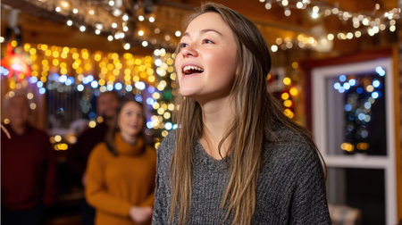 A young woman with Down syndrome at Christmas or New Year's. Celebrating Christmas Eve. A cozy and warm atmosphere. Winner conceptの素材