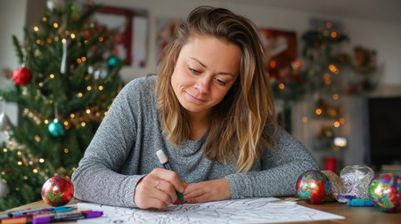 A young woman with Down syndrome at Christmas or New Year's. Celebrating Christmas Eve. A cozy and warm atmosphere. Winner conceptの素材