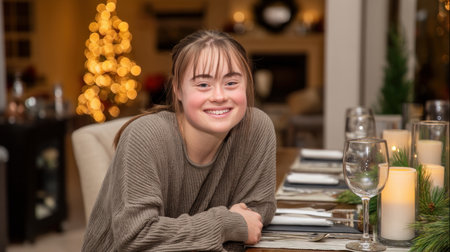 A young woman with Down syndrome at Christmas or New Year's. Celebrating Christmas Eve. A cozy and warm atmosphere. Winner conceptの素材