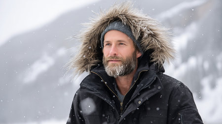 A young man smiles in a snowy winter forest. A guy walks outside in a park. Portrait of a man in the fresh air in winter. An active lifestyle in winter during vacation or holidaysの素材