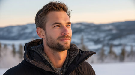 A young man smiles in a snowy winter forest. A guy walks outside in a park. Portrait of a man in the fresh air in winter. An active lifestyle in winter during vacation or holidaysの素材