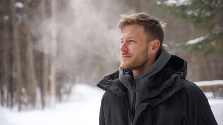 A young man smiles in a snowy winter forest. A guy walks outside in a park. Portrait of a man in the fresh air in winter. An active lifestyle in winter during vacation or holidaysの素材