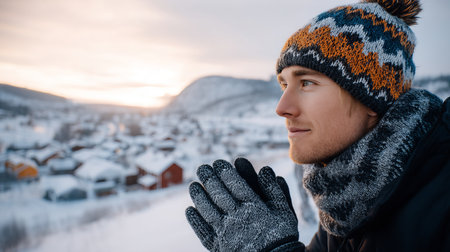 A young man smiles in a snowy winter forest. A guy walks outside in a park. Portrait of a man in the fresh air in winter. An active lifestyle in winter during vacation or holidaysの素材