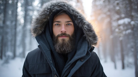 A young man smiles in a snowy winter forest. A guy walks outside in a park. Portrait of a man in the fresh air in winter. An active lifestyle in winter during vacation or holidaysの素材