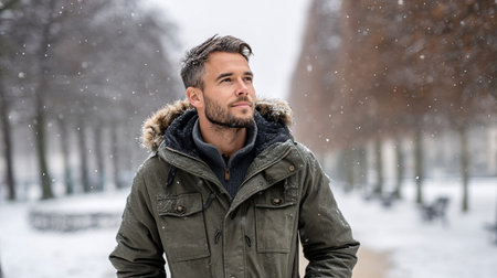 A young man smiles in a snowy winter forest. A guy walks outside in a park. Portrait of a man in the fresh air in winter. An active lifestyle in winter during vacation or holidaysの素材