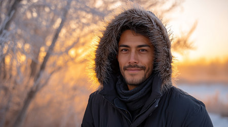 A young man smiles in a snowy winter forest. A guy walks outside in a park. Portrait of a man in the fresh air in winter. An active lifestyle in winter during vacation or holidaysの素材