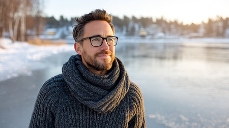 A young man smiles in a snowy winter forest. A guy walks outside in a park. Portrait of a man in the fresh air in winter. An active lifestyle in winter during vacation or holidaysの素材
