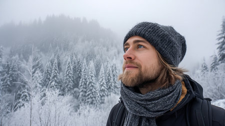 A young man smiles in a snowy winter forest. A guy walks outside in a park. Portrait of a man in the fresh air in winter. An active lifestyle in winter during vacation or holidaysの素材