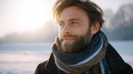 A young man smiles in a snowy winter forest. A guy walks outside in a park. Portrait of a man in the fresh air in winter. An active lifestyle in winter during vacation or holidaysの素材