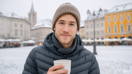 A young man smiles in a snowy winter forest. A guy walks outside in a park. Portrait of a man in the fresh air in winter. An active lifestyle in winter during vacation or holidaysの素材