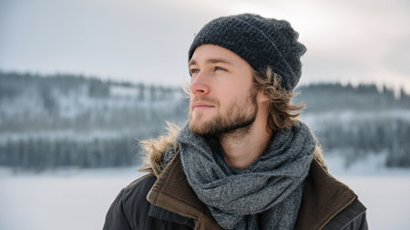 A young man smiles in a snowy winter forest. A guy walks outside in a park. Portrait of a man in the fresh air in winter. An active lifestyle in winter during vacation or holidaysの素材