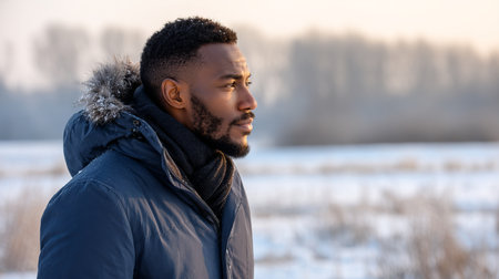 A young man smiles in a snowy winter forest. A guy walks outside in a park. Portrait of a man in the fresh air in winter. An active lifestyle in winter during vacation or holidaysの素材