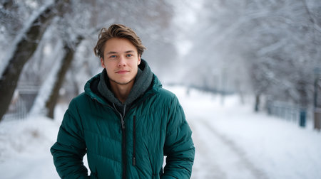 A young man smiles in a snowy winter forest. A guy walks outside in a park. Portrait of a man in the fresh air in winter. An active lifestyle in winter during vacation or holidaysの素材