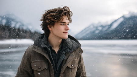 A young man smiles in a snowy winter forest. A guy walks outside in a park. Portrait of a man in the fresh air in winter. An active lifestyle in winter during vacation or holidaysの素材