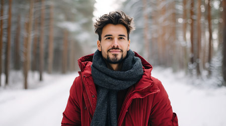 A young man smiles in a snowy winter forest. A guy walks outside in a park. Portrait of a man in the fresh air in winter. An active lifestyle in winter during vacation or holidaysの素材