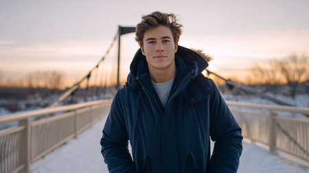 A young man smiles in a snowy winter forest. A guy walks outside in a park. Portrait of a man in the fresh air in winter. An active lifestyle in winter during vacation or holidaysの素材