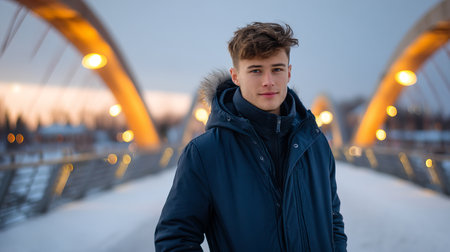 A young man smiles in a snowy winter forest. A guy walks outside in a park. Portrait of a man in the fresh air in winter. An active lifestyle in winter during vacation or holidaysの素材