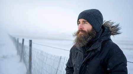 A young man smiles in a snowy winter forest. A guy walks outside in a park. Portrait of a man in the fresh air in winter. An active lifestyle in winter during vacation or holidaysの素材