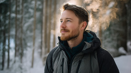 A young man smiles in a snowy winter forest. A guy walks outside in a park. Portrait of a man in the fresh air in winter. An active lifestyle in winter during vacation or holidaysの素材