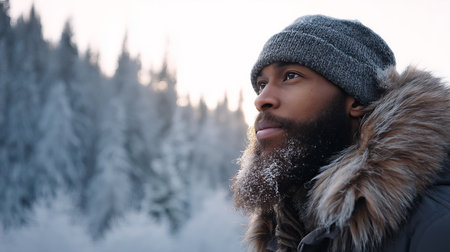 A young man smiles in a snowy winter forest. A guy walks outside in a park. Portrait of a man in the fresh air in winter. An active lifestyle in winter during vacation or holidaysの素材