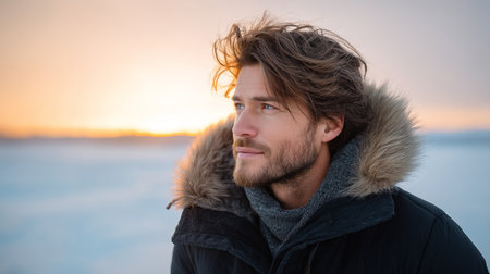 A young man smiles in a snowy winter forest. A guy walks outside in a park. Portrait of a man in the fresh air in winter. An active lifestyle in winter during vacation or holidaysの素材
