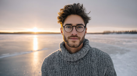 A young man smiles in a snowy winter forest. A guy walks outside in a park. Portrait of a man in the fresh air in winter. An active lifestyle in winter during vacation or holidaysの素材