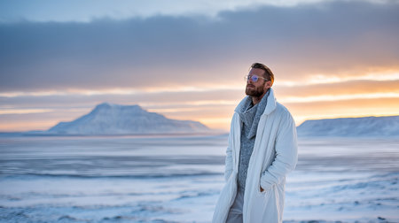 A young man smiles in a snowy winter forest. A guy walks outside in a park. Portrait of a man in the fresh air in winter. An active lifestyle in winter during vacation or holidaysの素材