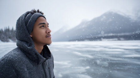 A young man smiles in a snowy winter forest. A guy walks outside in a park. Portrait of a man in the fresh air in winter. An active lifestyle in winter during vacation or holidaysの素材