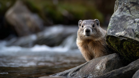 A cute groundhog on a festive spring day. Groundhog Day. A groundhog with fluffy fur. Landscape viewの素材