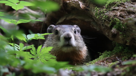A cute groundhog on a festive spring day. Groundhog Day. A groundhog with fluffy fur. Landscape viewの素材