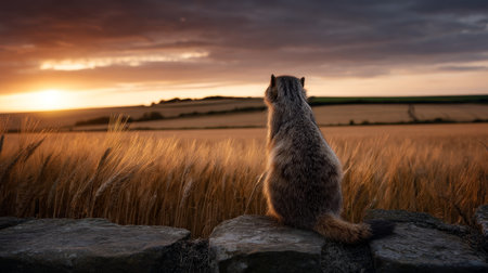 A cute groundhog on a festive spring day. Groundhog Day. A groundhog with fluffy fur. Landscape viewの素材