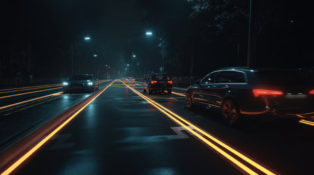 Aerial view: Self-driving autonomous electric cars of the future with HUD elements move along a busy traffic intersection. Concept: Artificial Intelligence, Car Scan, GPS Tracking, Smart Roads, IoT.の素材