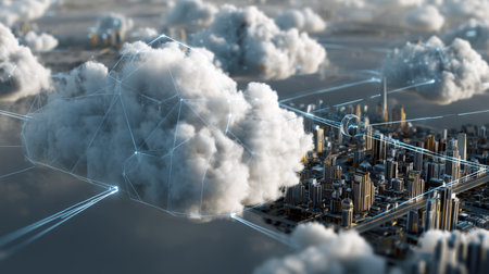 backup service on the internet network, technology cloud data storage. concept of application platform connects technology, solution big data, information system security, and business digital server, floating above a smart city in the clouds.の素材