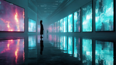 AI-generated art in a futuristic digital museum space.の素材