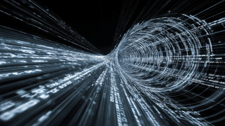 Virtual reality data stream tunnel, glowing wires and code. Virtual abstract fantasy cyber reality room. chars data stream live. Online reality concept. Blue colorの素材