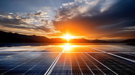 Solar farm and sunlight at sunset. Solar power for green energy. Sustainable renewable energy. Photovoltaic power plant or solar park. Solar panel installation and maintenance concept. Energy sustainabilityの素材