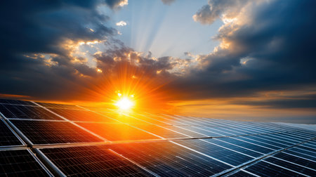 Solar farm and sunlight at sunset. Solar power for green energy. Sustainable renewable energy. Photovoltaic power plant or solar park. Solar panel installation and maintenance concept. Energy sustainabilityの素材